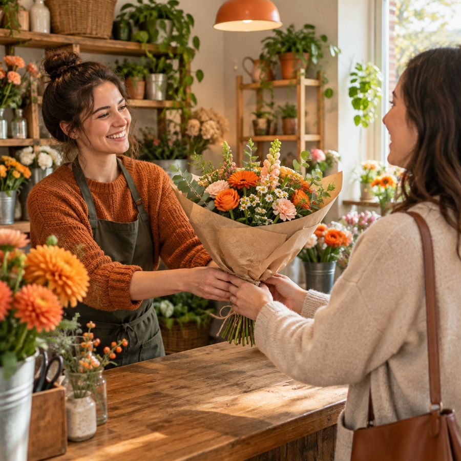 Handing over a bouquet at a florist
