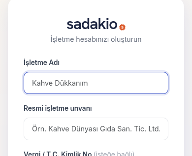 Sadakio sign-up screen: creating a business account