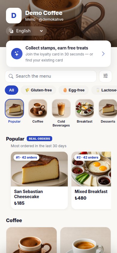 Sadakio QR menu screen: categories, search and popular items