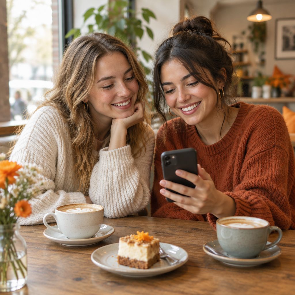 Two guests in a café looking at their Sadakio loyalty card on a phone