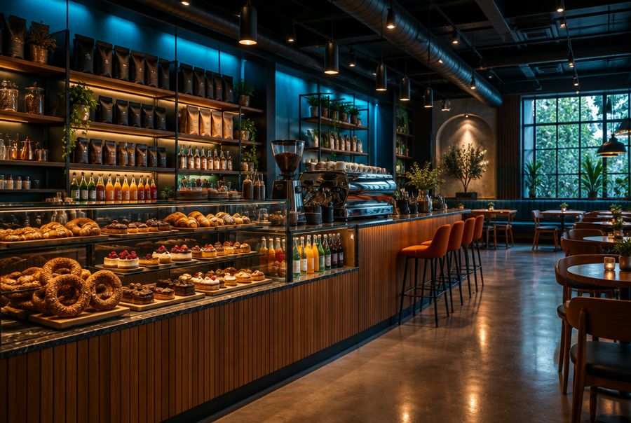 Modern café interior, display and bar