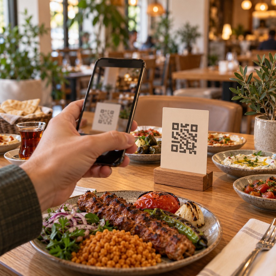 Restoran masasında QR kodunu telefonla okutan misafir