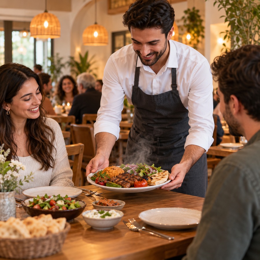 Restoranda masaya sıcak yemek servis eden garson